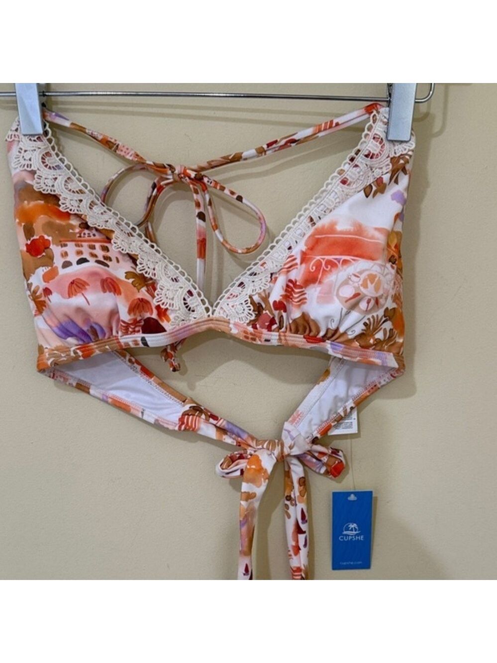 Cupshe Women's Floral Bikini Top - Orange and White